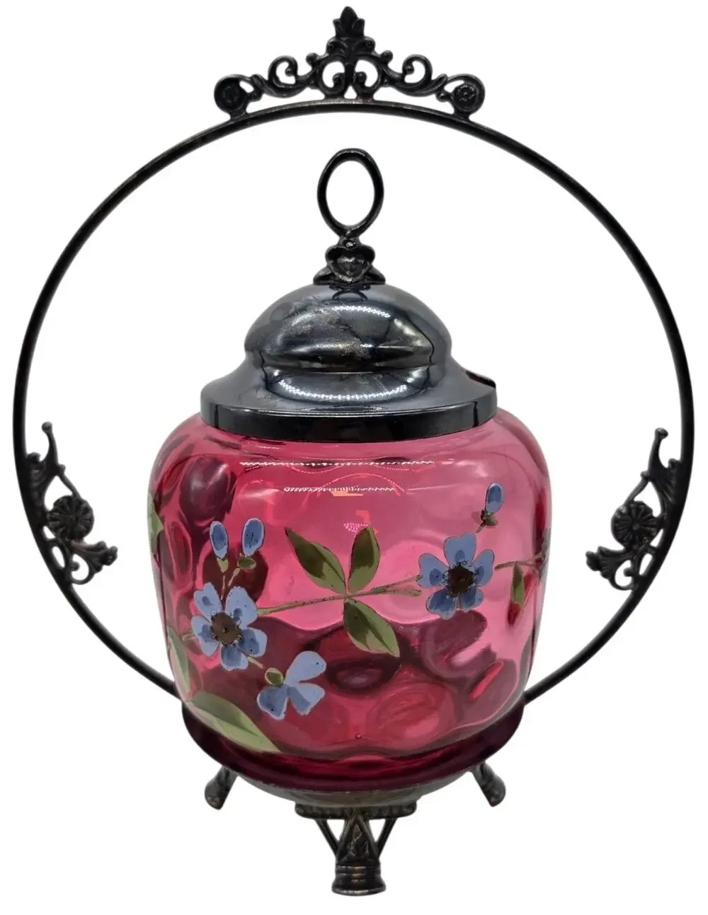 VICTORIAN CRANBERRY IVT DECORATED PICKLE CASTOR FLORAL & LEAF DECORATION